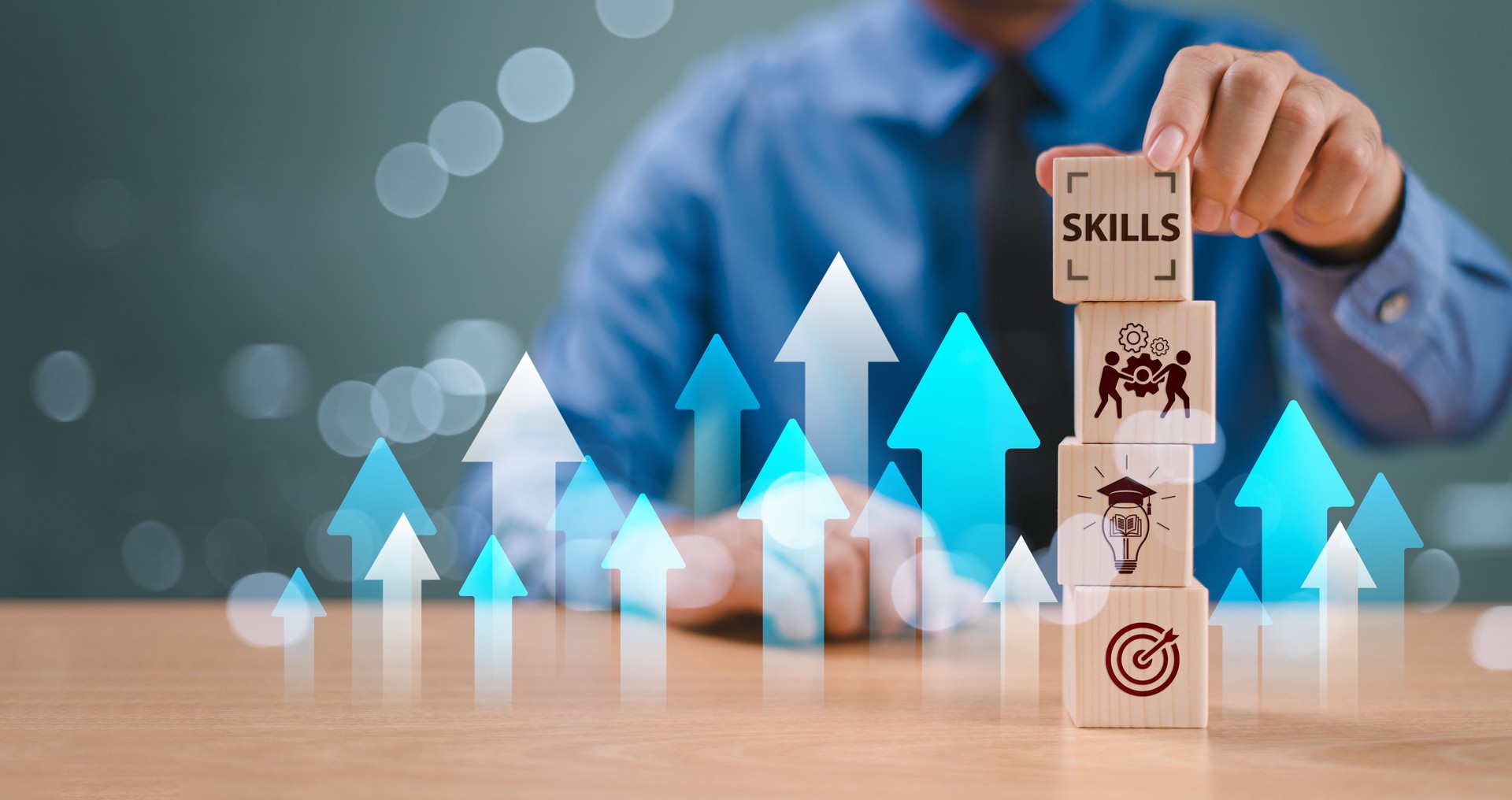 Skill competency development concept. Up new ability skill training for technology evolution. Leadership thinking upskill. Hand hold wooden cube, soft skill digital icon. Education learning talent